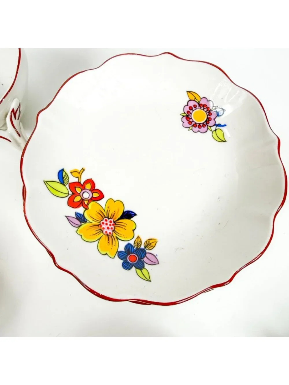 Vintage Hungary Aquincum Folk Art Floral Coffee Cups Saucers Set Of 5 Red Rim